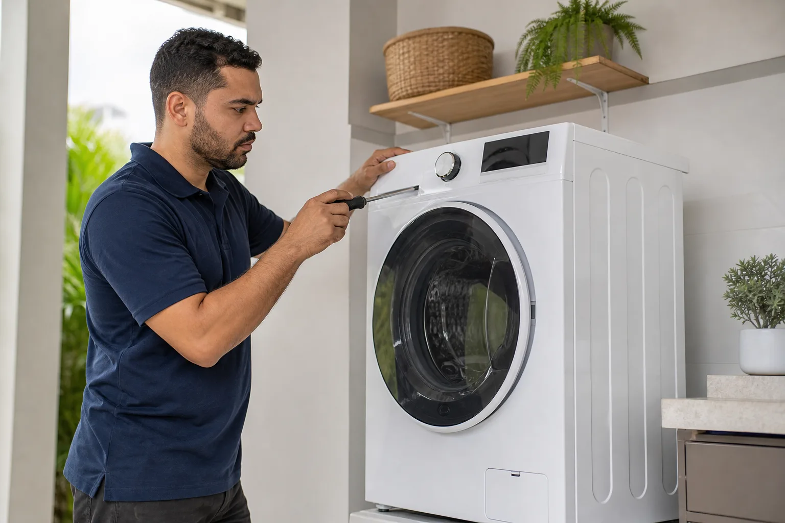 Técnico da Brasfix verificando o painel de uma lava e seca na casa do cliente